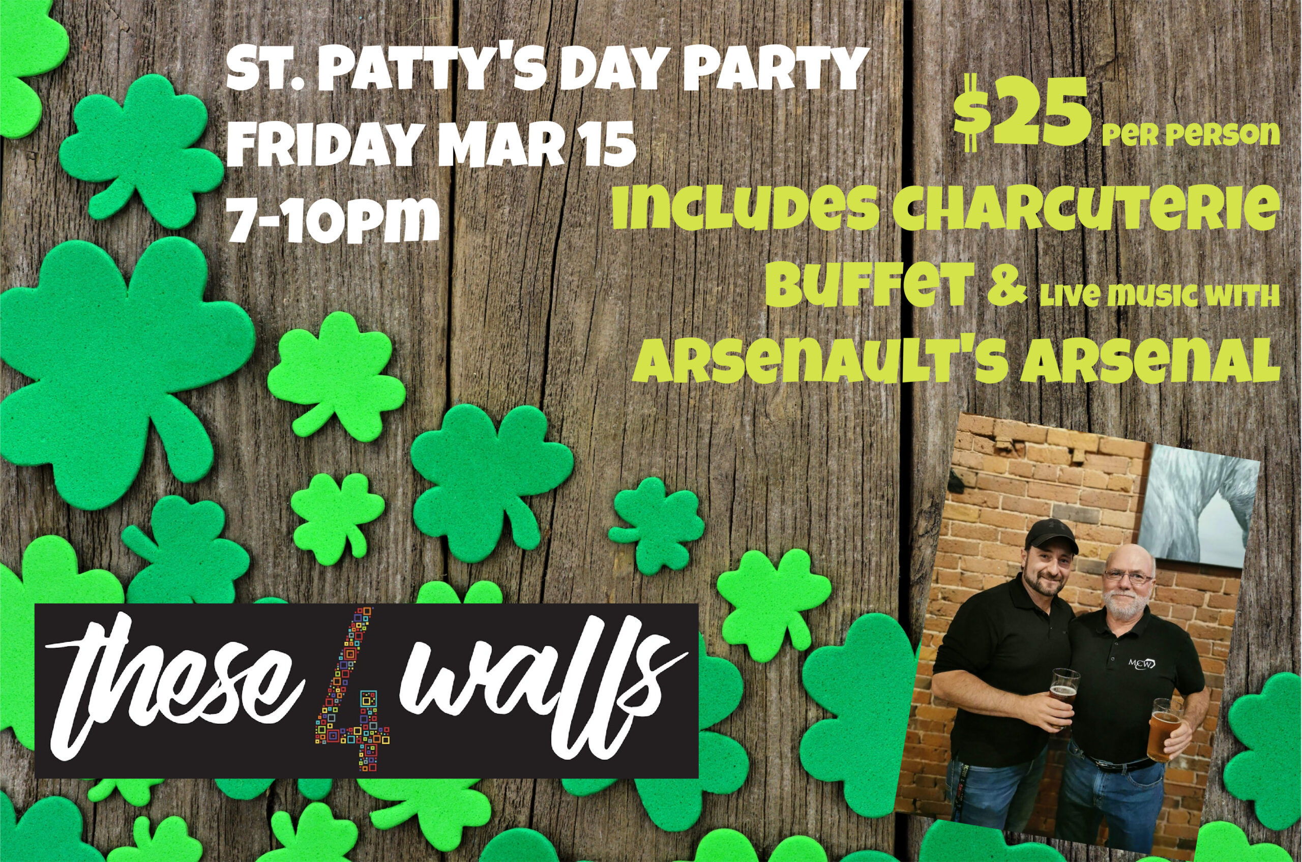st pattys day themed poster with 4-leaf clovers and a picture of the performers.