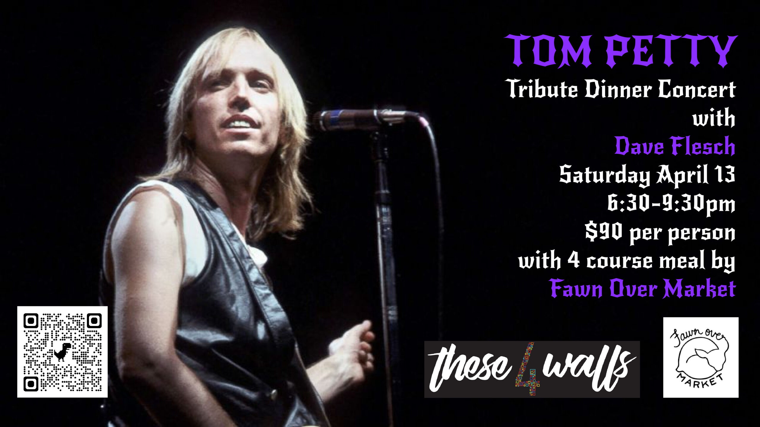 event poster featuring photo of tom petty. Titled "Tom Petty Tribute Dinner Concert"