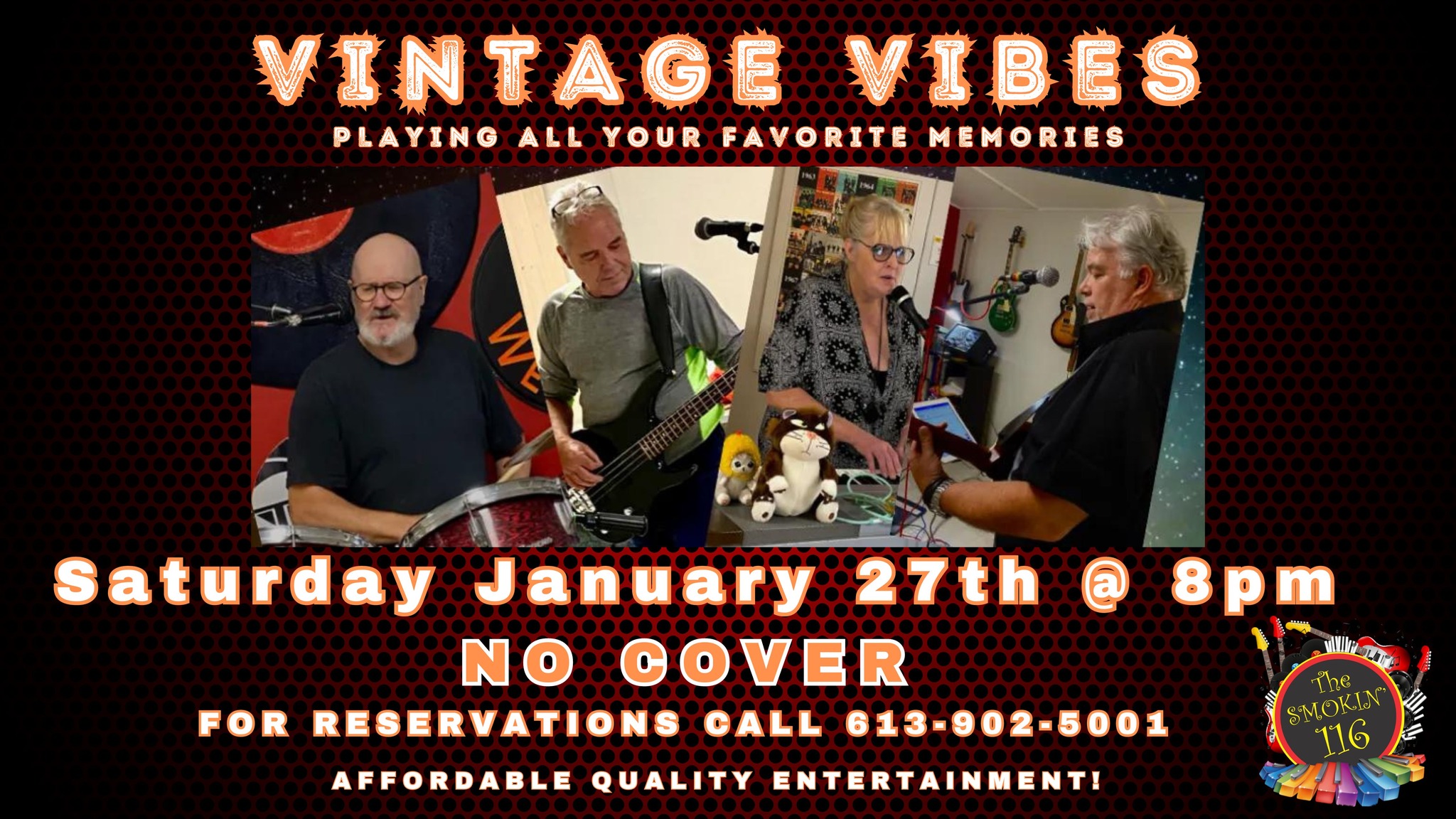concert poster that shows the band in action. Title words include "Vintage Vibes" and "No Cover"