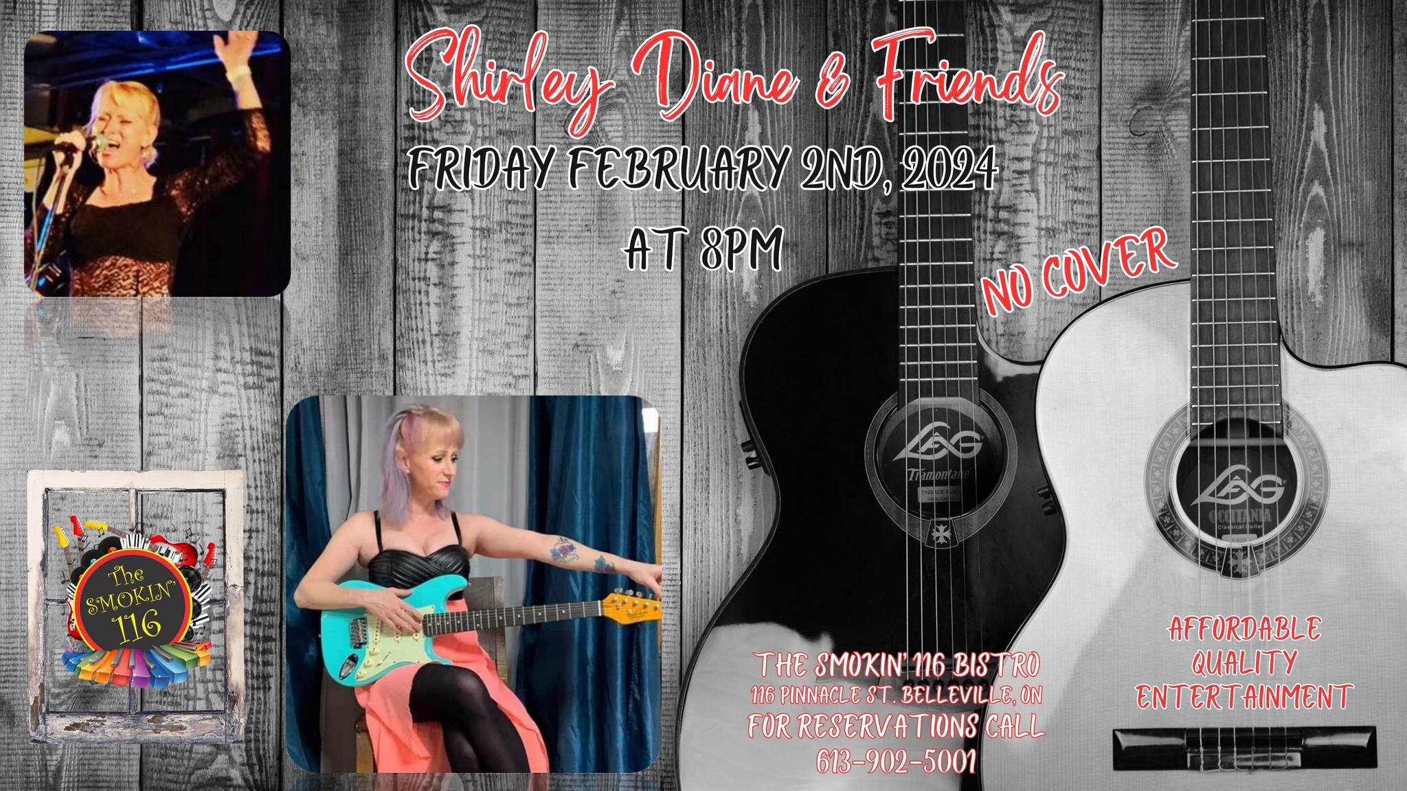 concert poster with images of 2 guitars and 2 photos of the performer.