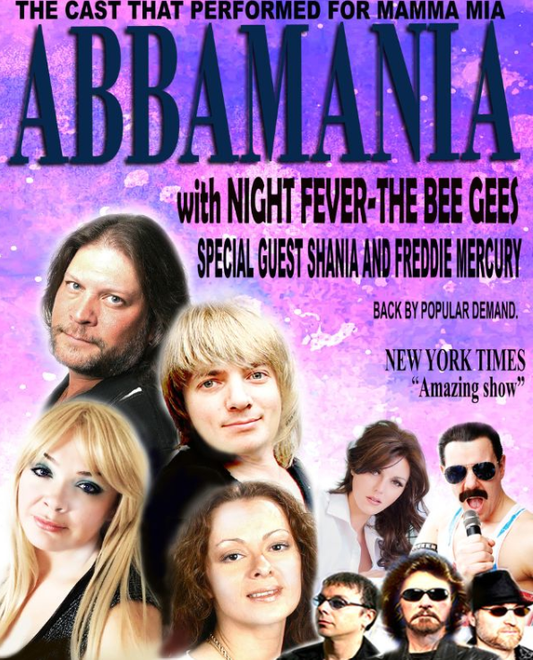 Concert poster showing performers. Purple background and title reads ABBAMANIA.