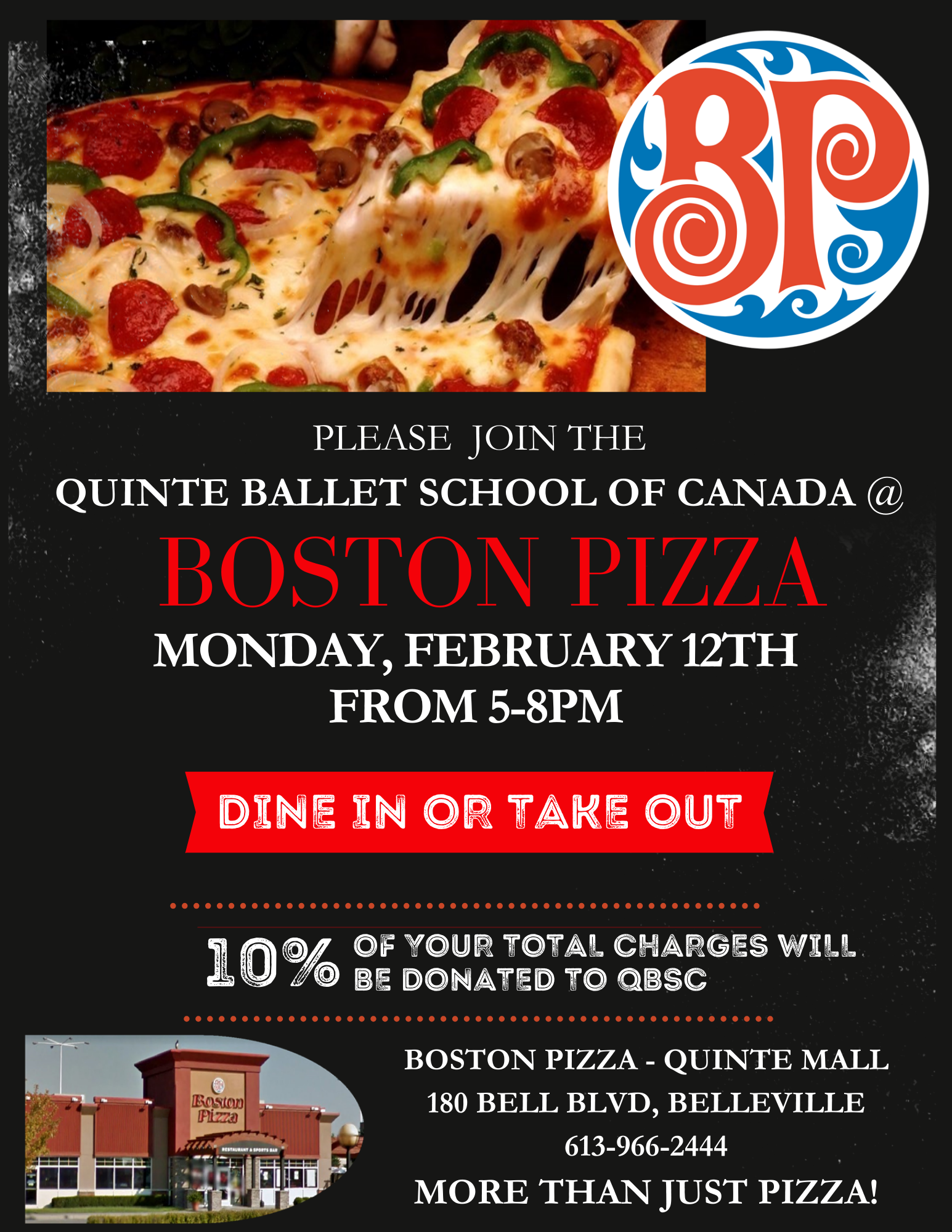event poster with image of pizza, Boston Pizza's logo and event details.