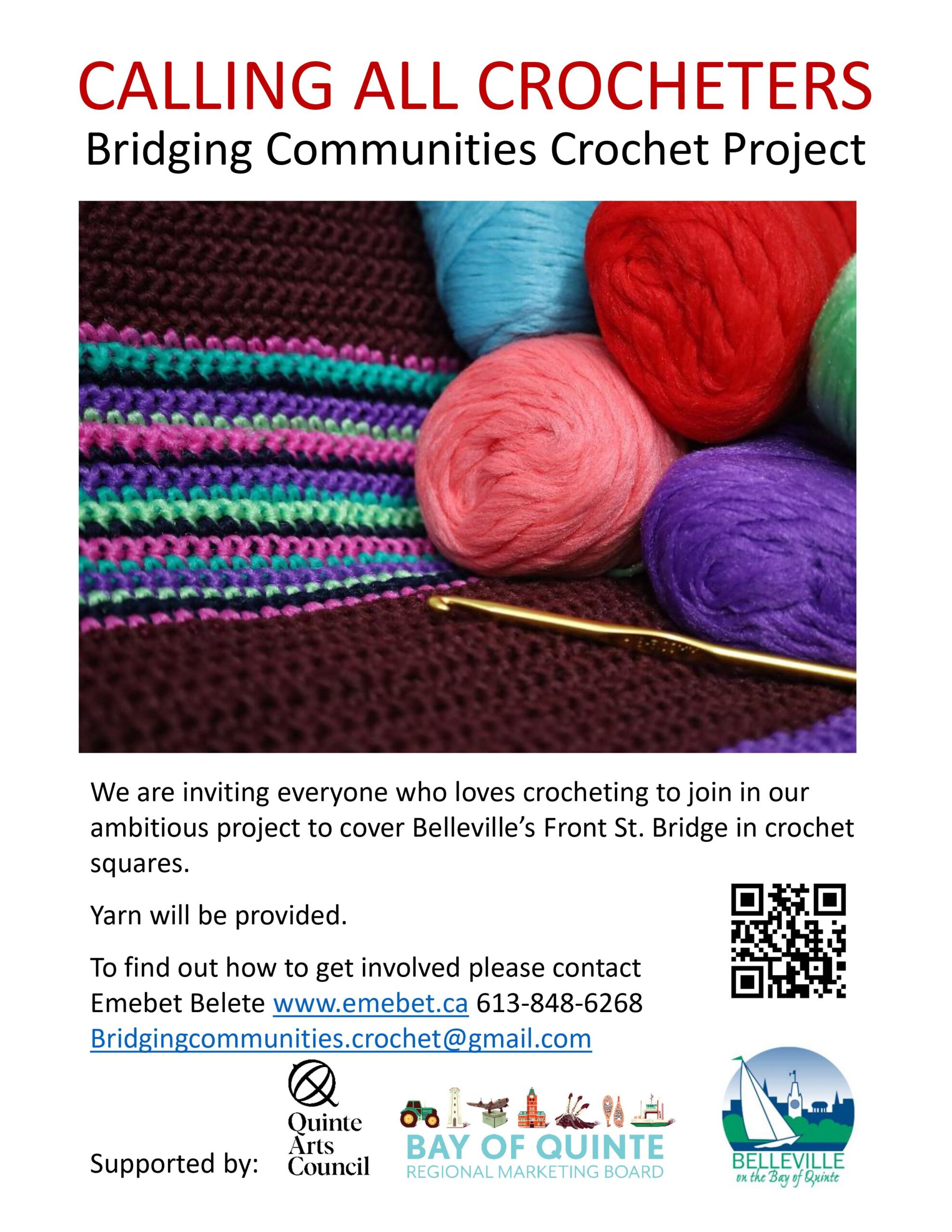 event poster with title reading "calling all crocheters" and has a photo of yarn/fabric balls.