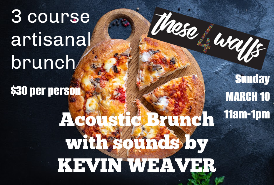 image or brunch style pizza with title "Acoustic Brunch with sounds by Kevin Weaver"
