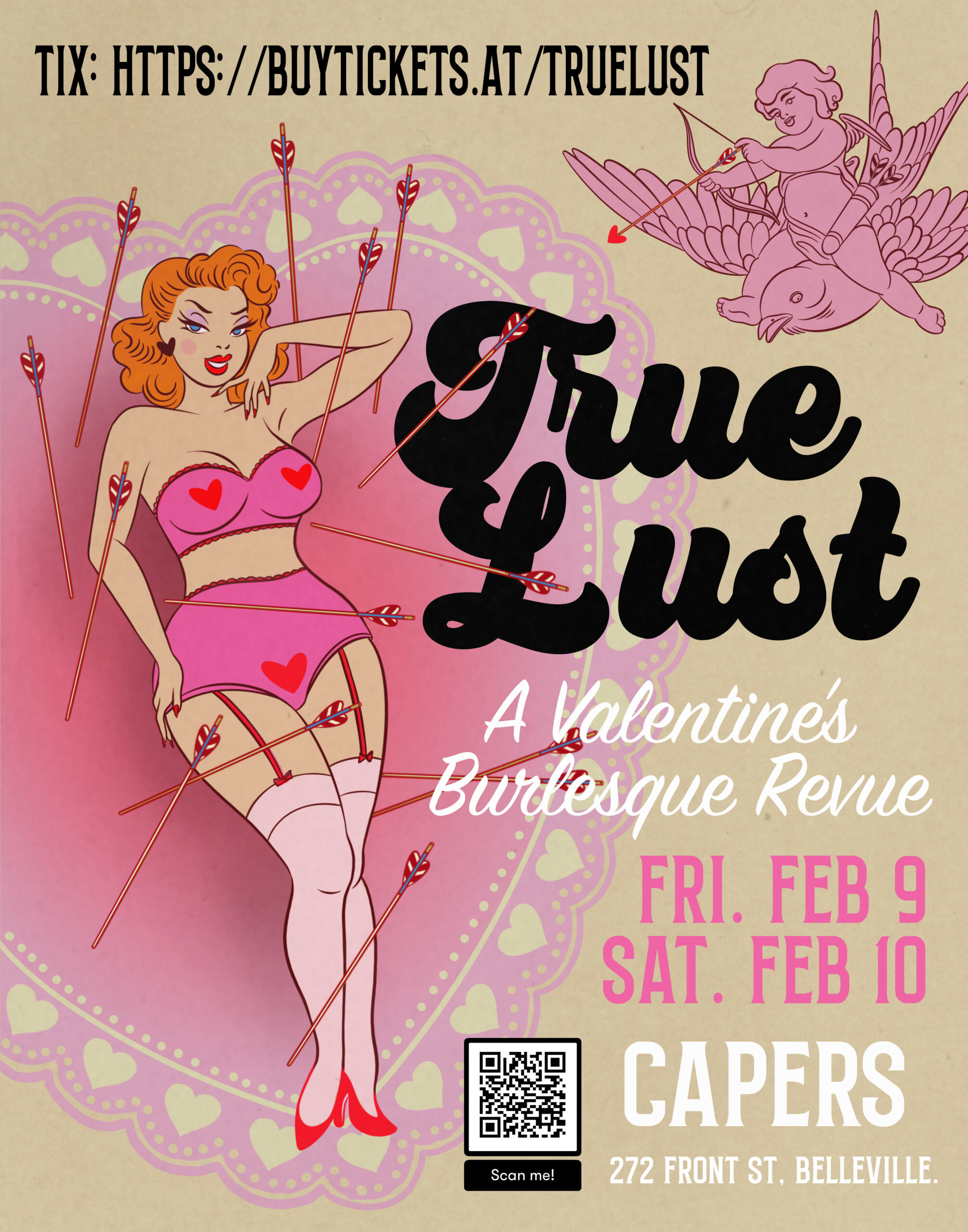 event poster with cartoon burlesque character