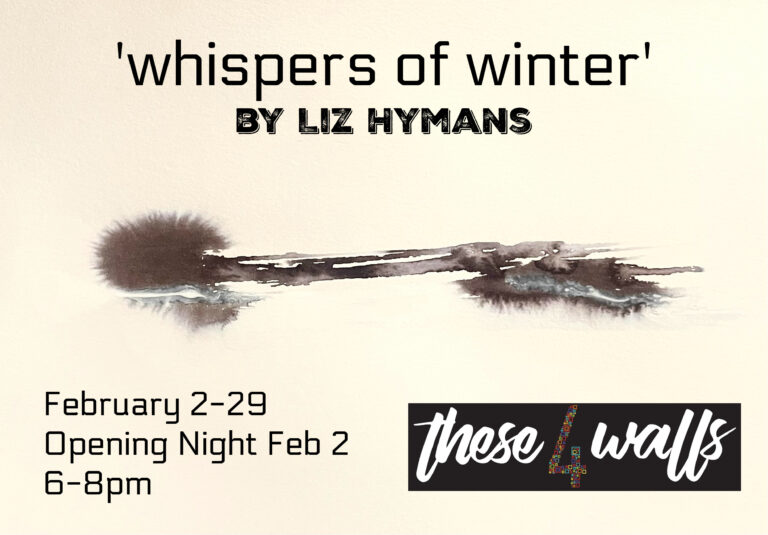 event poster with minimalist landscape-style painting and event details. Titled "Whispers's of Winter"