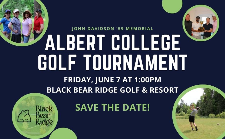 a poster titled "Albert College Golf Tournament". Has pictures of people playing golf.