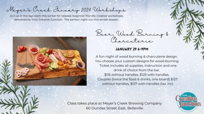 winter themed event poster with details and a photo of a cheese/meat board