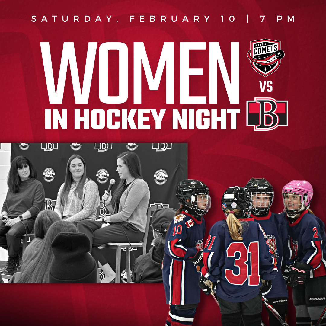 A poster reading "Women in Hockey Night" with pictures of female hockey players.