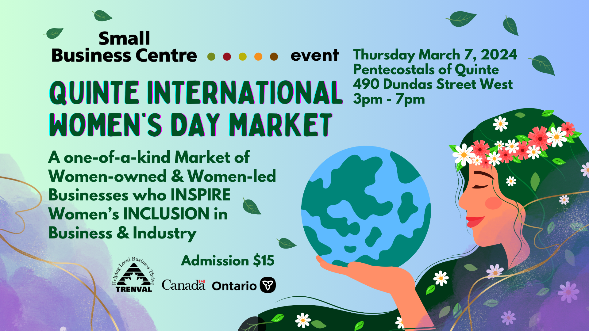 event poster titled "Quinte International Women's Day Market". Has drawing of a woman holding onto planet earth
