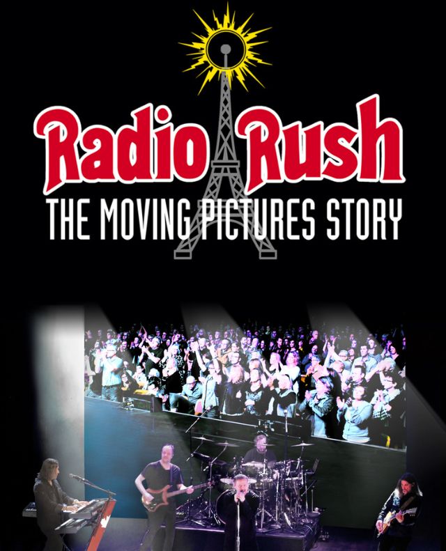 Event poster titled Radio Rush with photo of performers playing a rock concert on a theatre stage