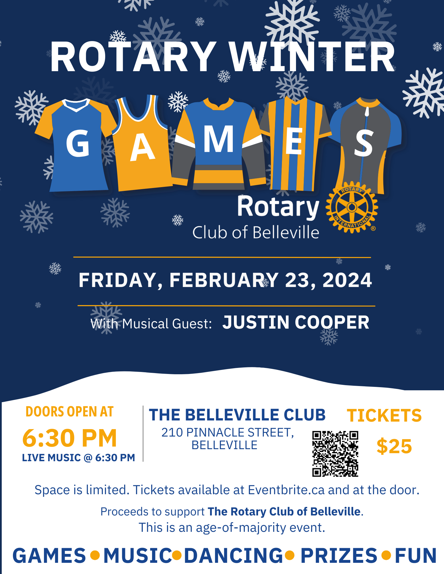 Event poster reads Rotary Winter Games with blue background and sports jerseys pictured.