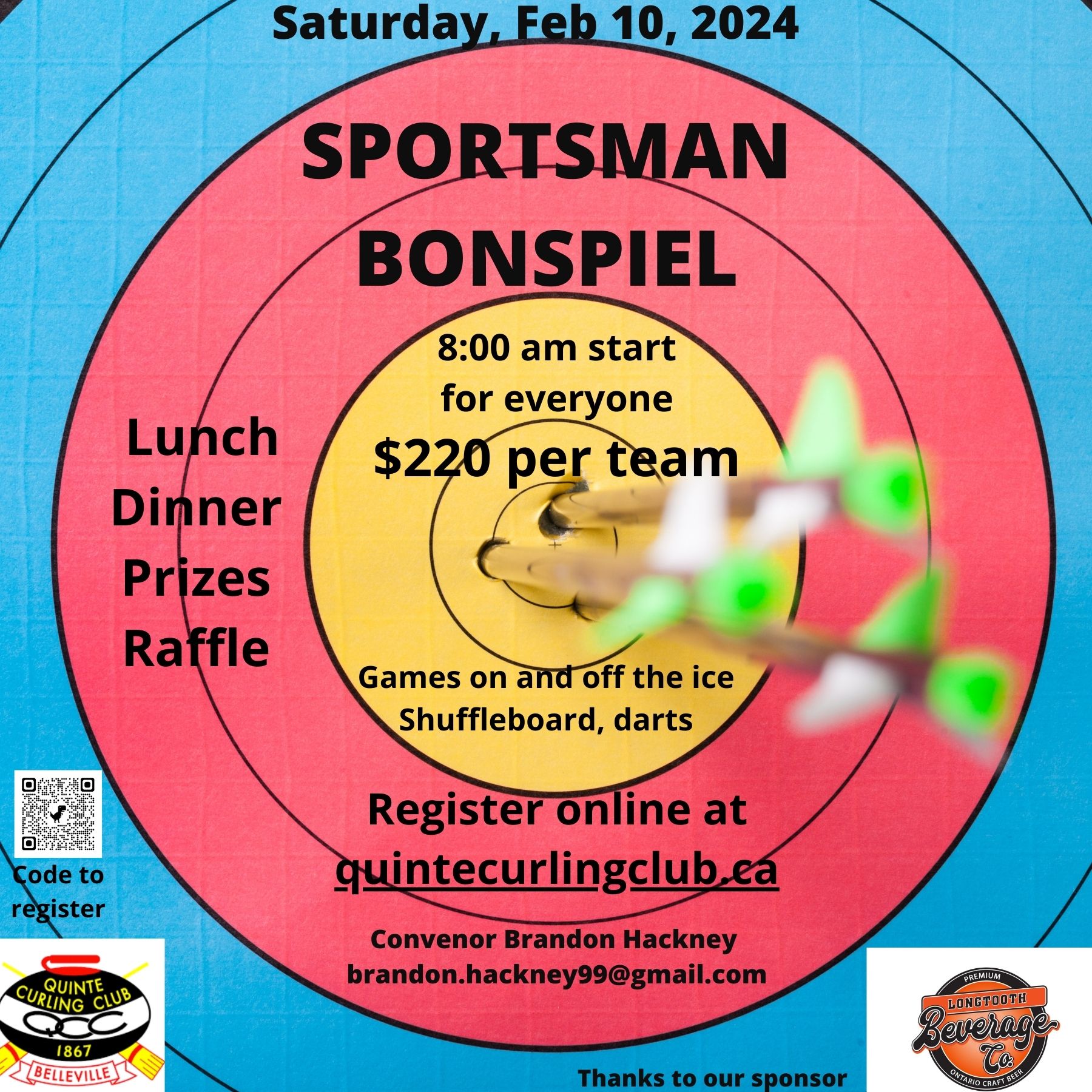 picture of dartboard with logos of Longtooth Brewery and Quinte Curling on it. Also has event details and title "Sportman Bonspiel"