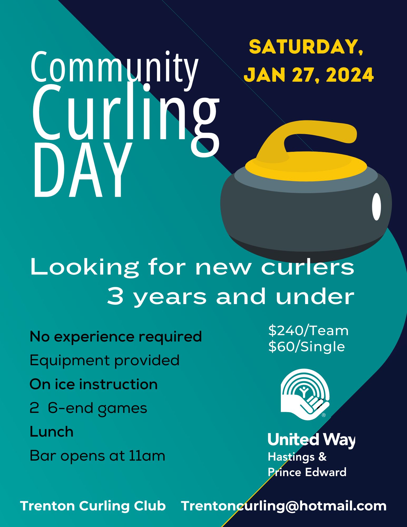Event poster titled "Community Curling Day". Also, has an animated image of a curling stone.