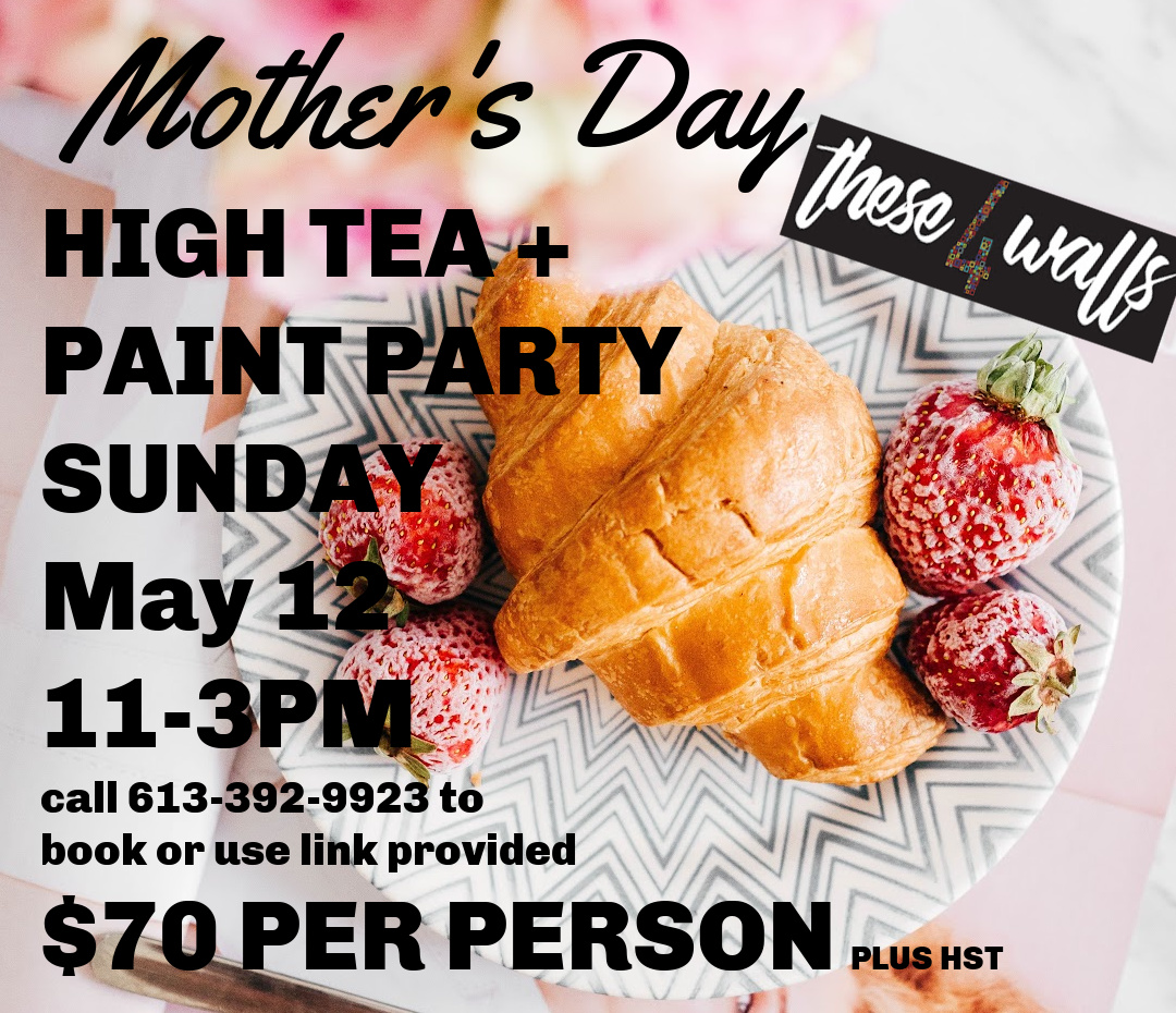 image of a croissant and strawberries. Reads "High Tea + Paint Party"