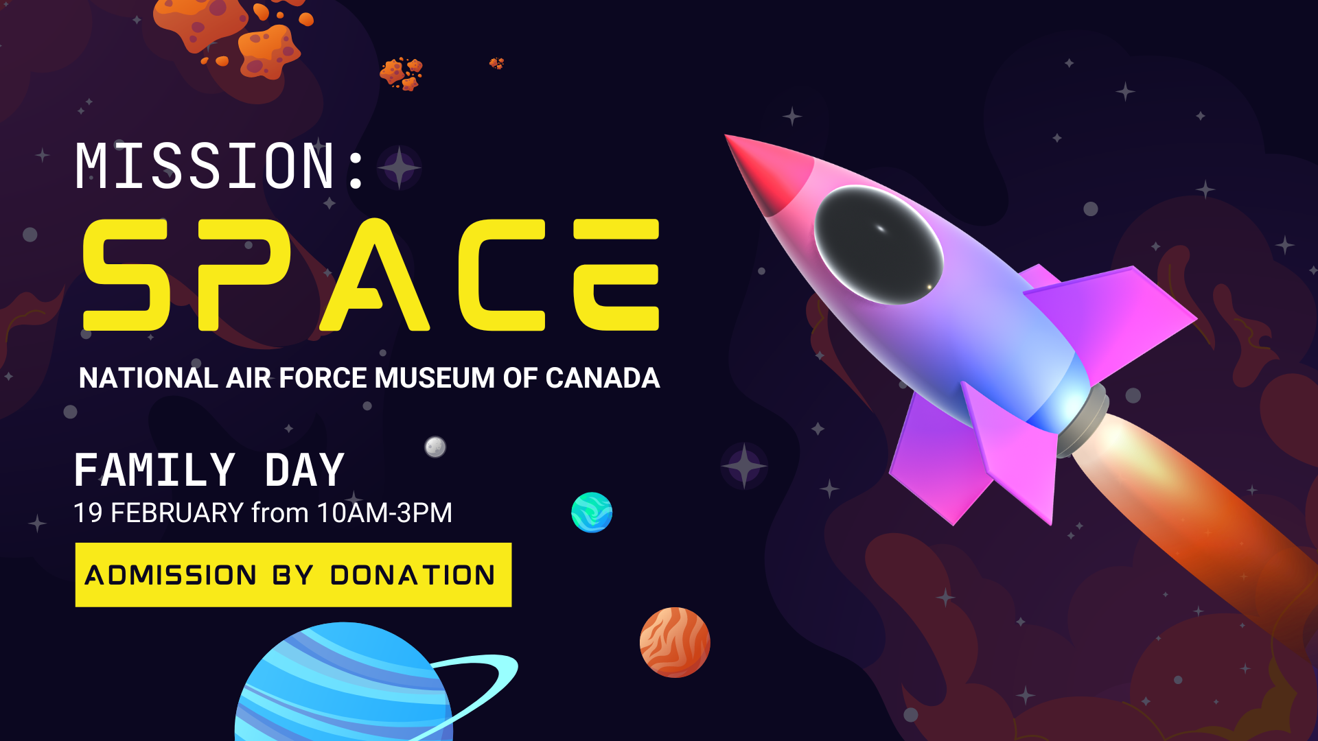 Event poster titled "Mission Space" with an image of a rocket ship taking off (animated)