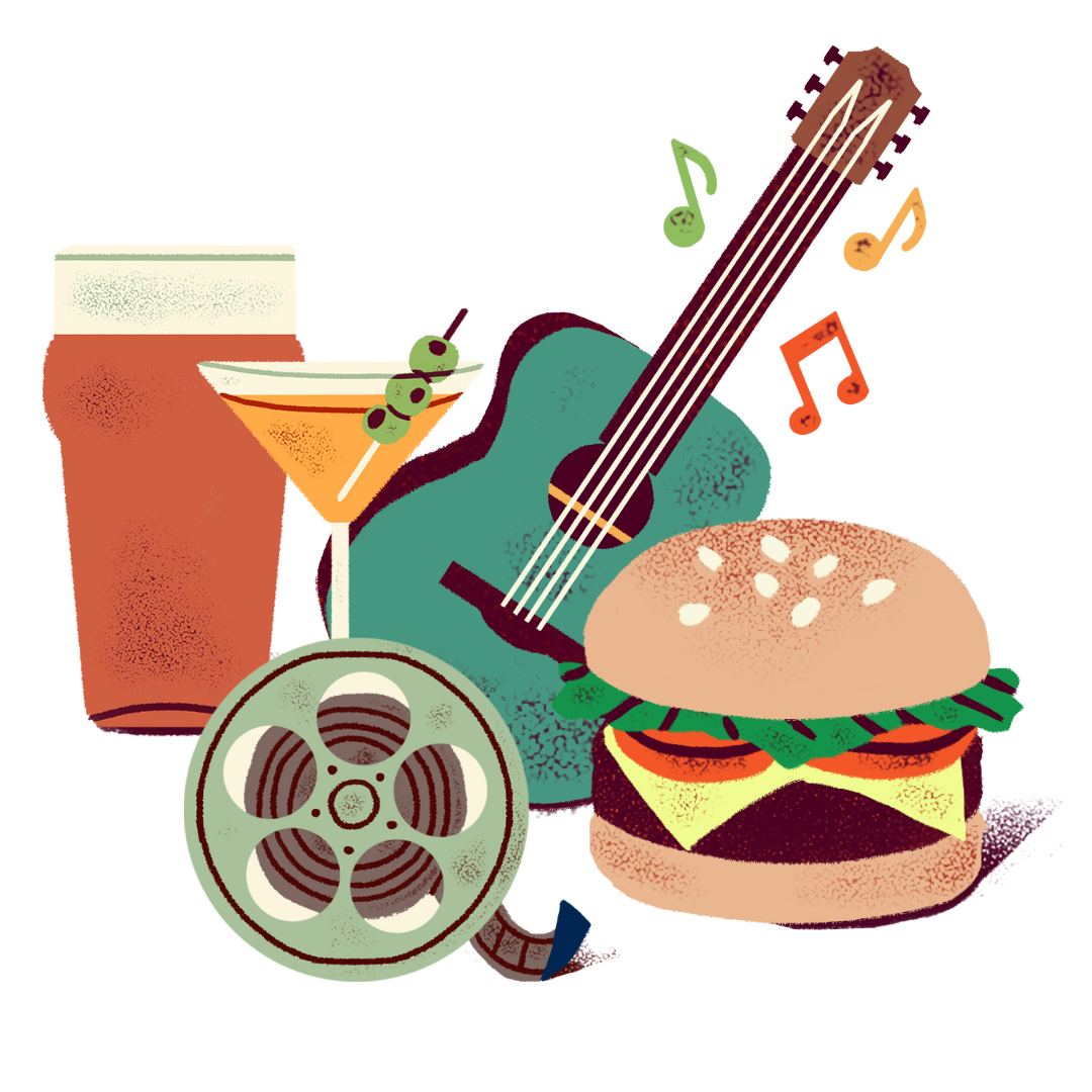 illustrated icons of a guitar with usic notes, a pint glass and martini, film reel and burger