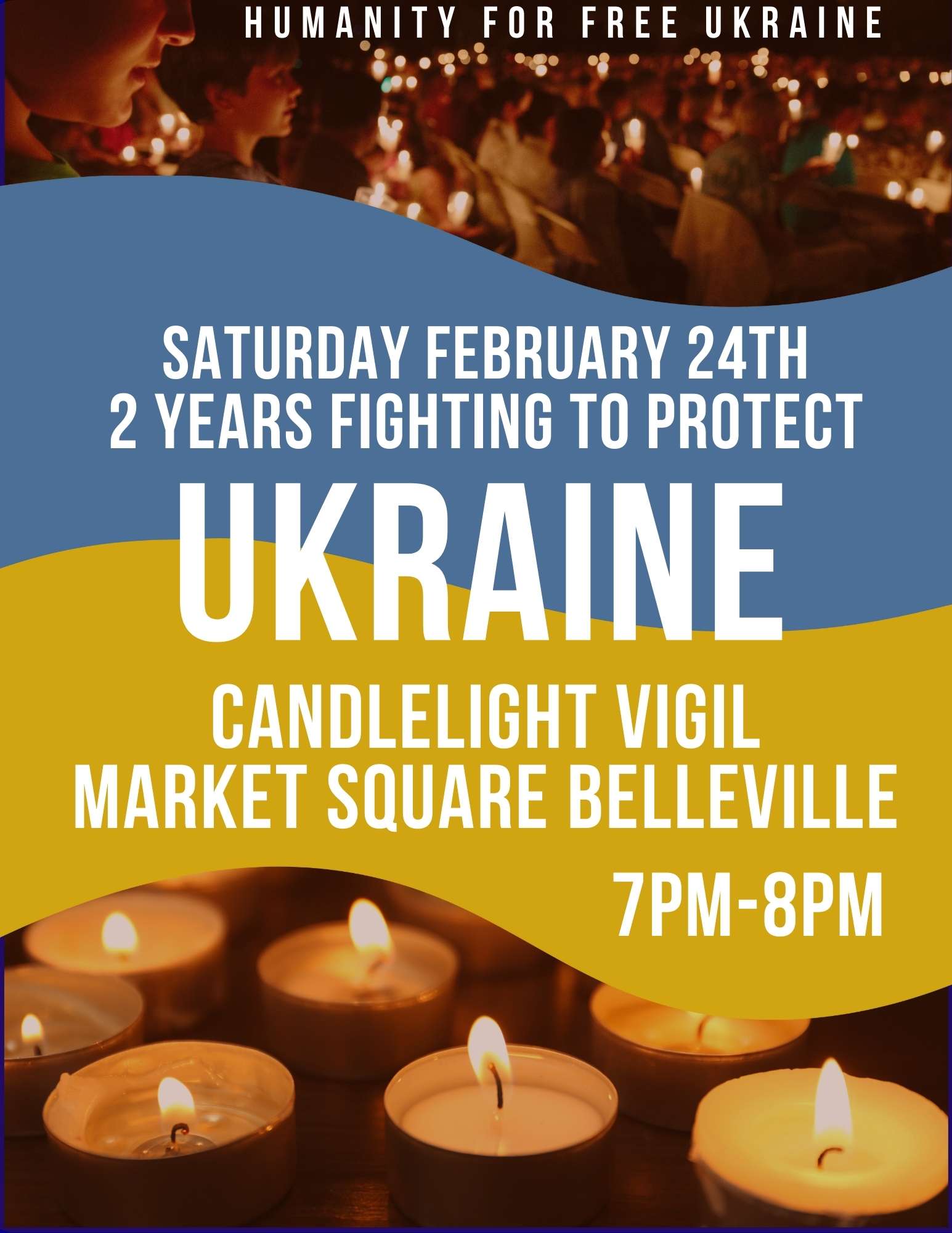 Poster with Ukraine flag and candles. Titled Ukraine Candlelight Vigil