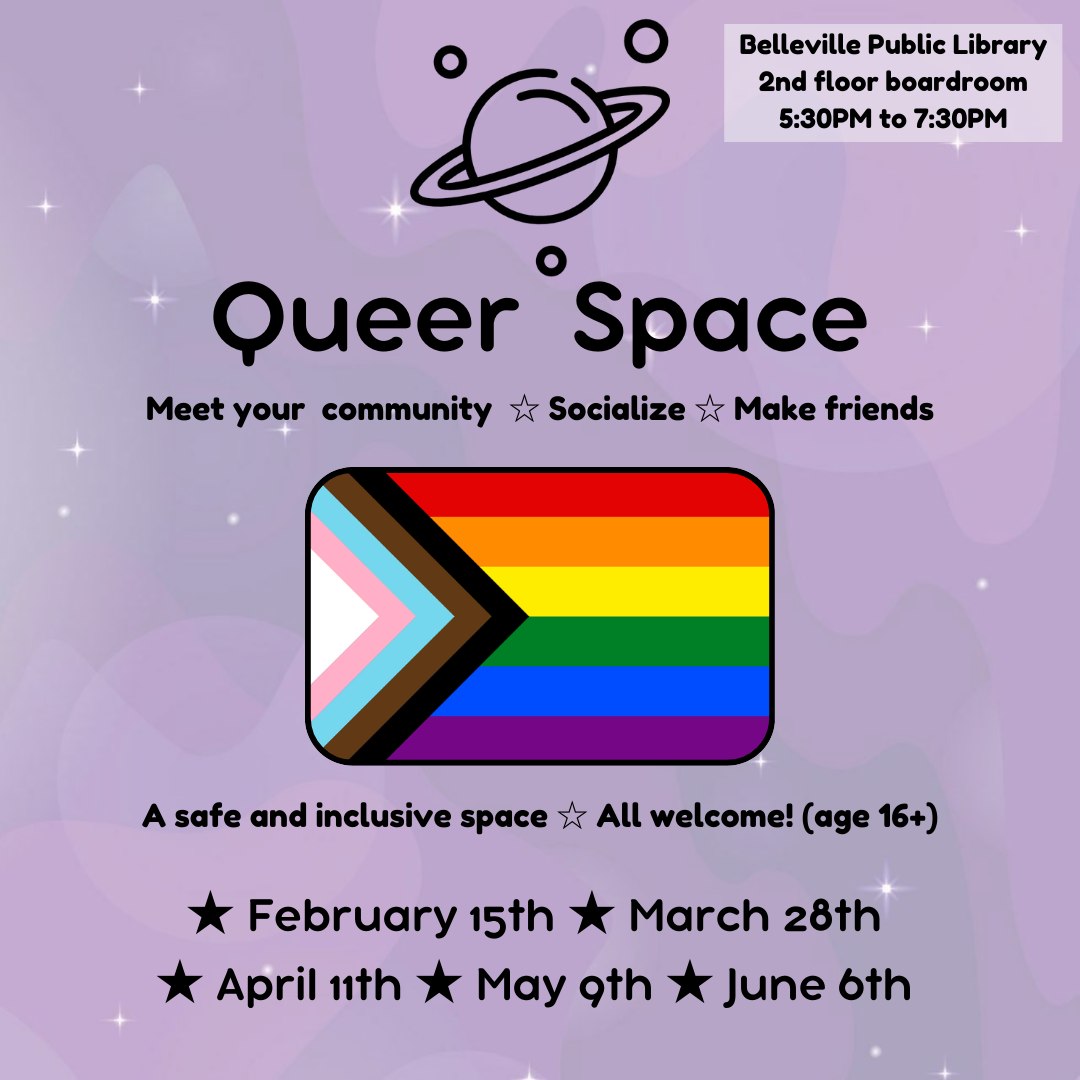 poster titled "Queer Space. Has graphic of Saturn and the lgbtqia2s flag