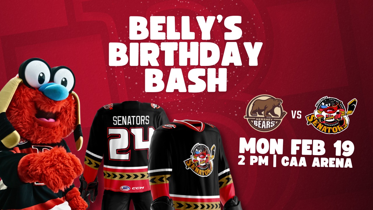 poster titled Bellys Birthday Bash. Has picture of team mascot and team logos