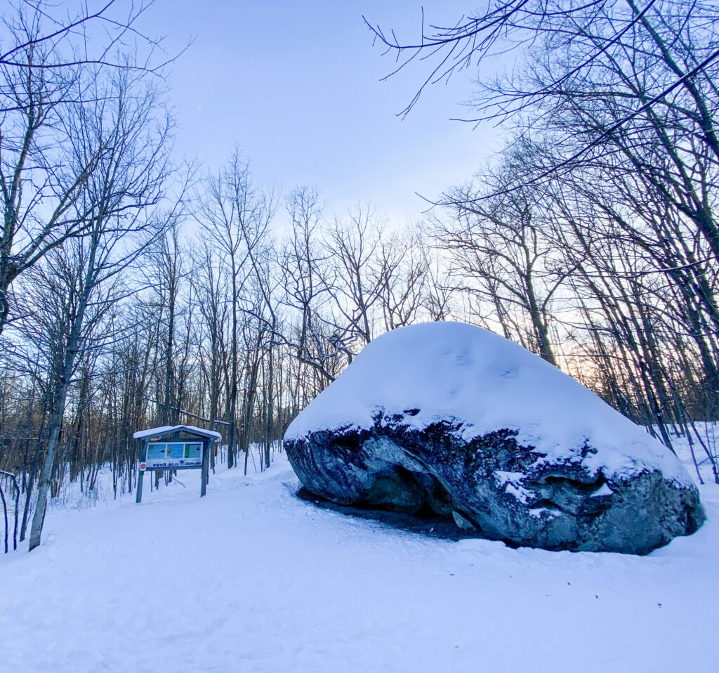 a large boulder covered in snow in the woods