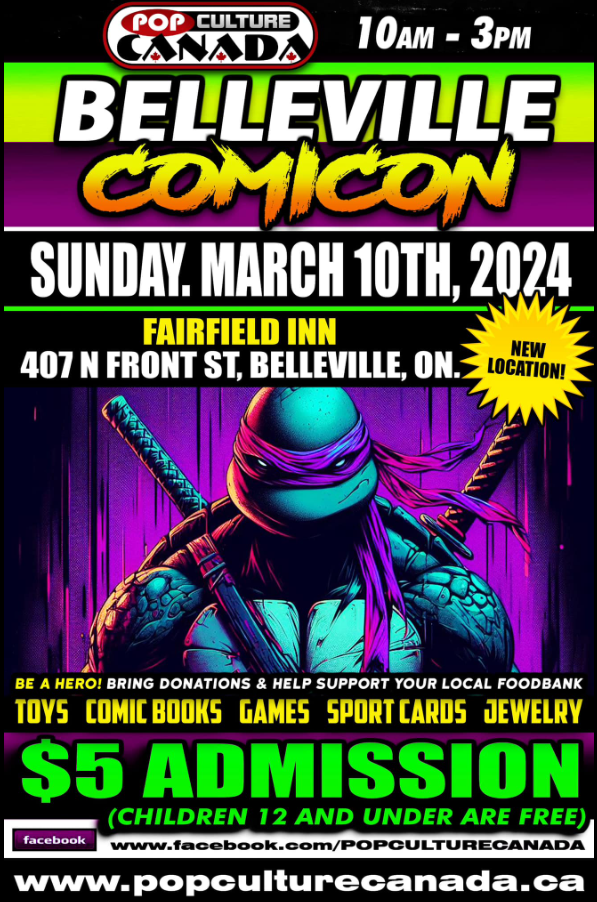 Poster titled "Belleville Comicon" . Has a photo of a teenage mutant ninga turtle. Poster is purple with green and yellow text.