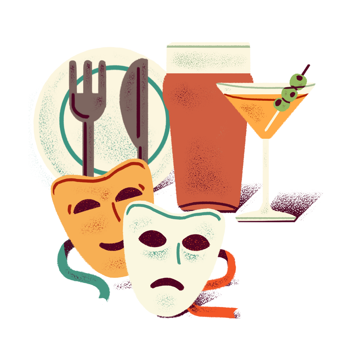 illustrations of a plate with knife and fork, a pint of beer and martini, and theatre masks