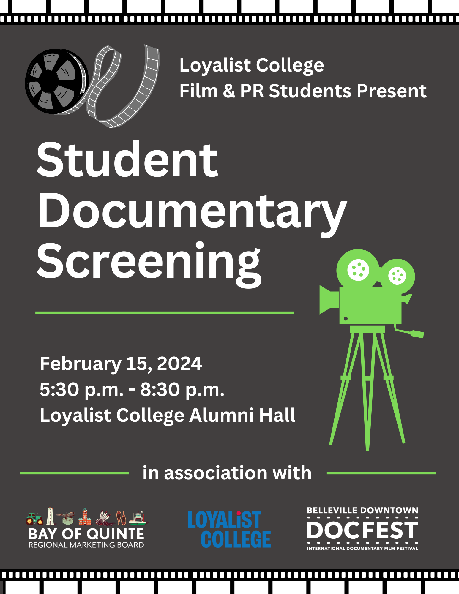 Event poster titled "Student Documentary Screening". Has animated images of camera and film