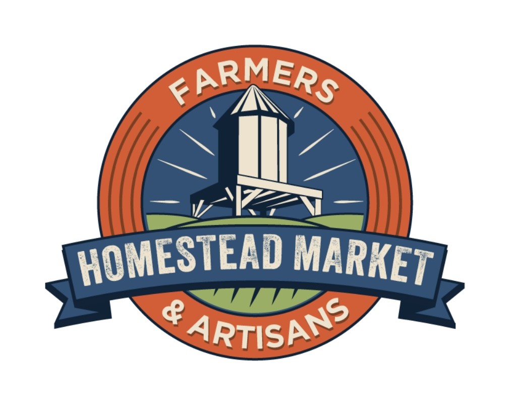 Logo for farmers market event. Shows a grain silo and titled "Homestead Market"