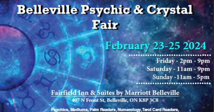 Poster reading Belleville Psychic and Crystal Fair with blue symbols and smoke.