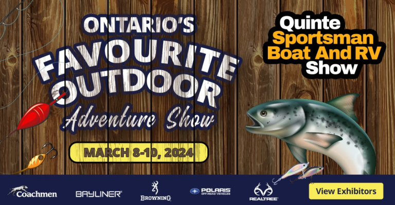 event poster titled "Ontarios Favourite Outdoor Adventure Show", has a wooden plank background and a graphic of a fish.