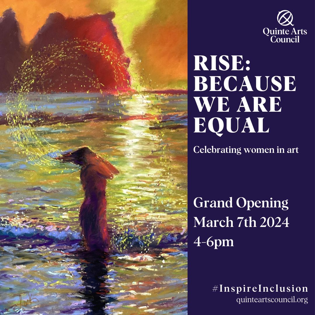 Event poster titled "Rise: Because We Are All Equal". Has a water colour painting of a woman on a beach during a sunset