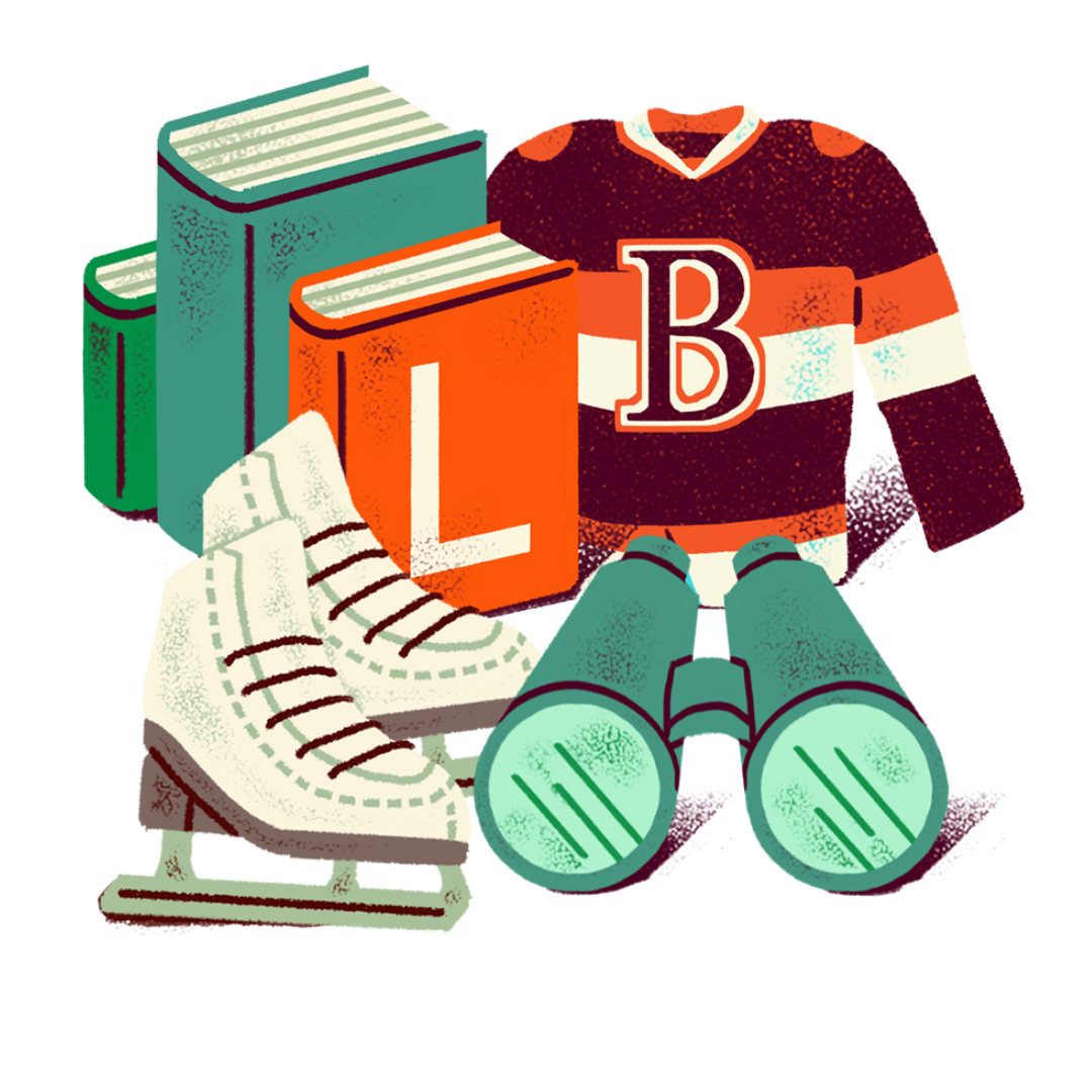 illustrated icons grouped together including a pair of skates, binoculars, books and a hockey jersey