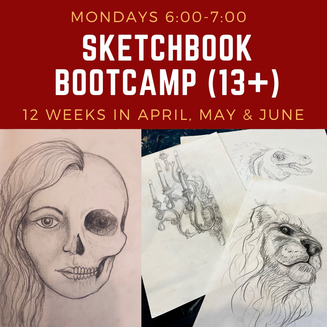 Poster titled Sketchbook Bootcamp with photos of sketches.