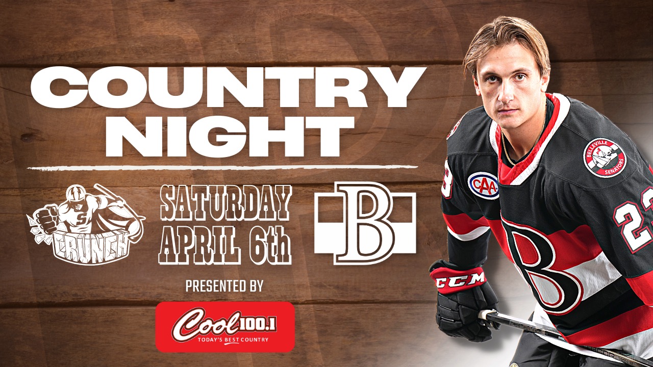 event poster. Titled "Country Night" has photo of Belleville Sens player.