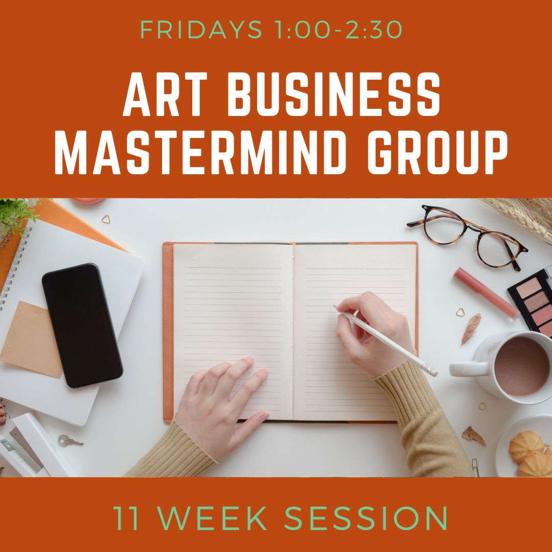 Poster titled "Art Business Mastermind Group" with POV photo of someone journaling.