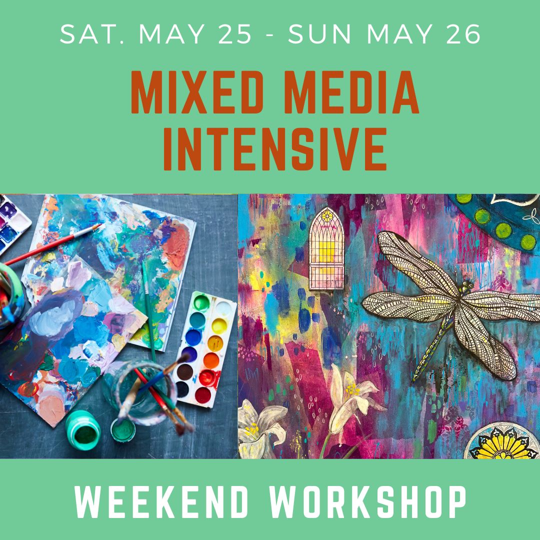 Poster titled "Mixed Media Intensive" with photos of art supplies.