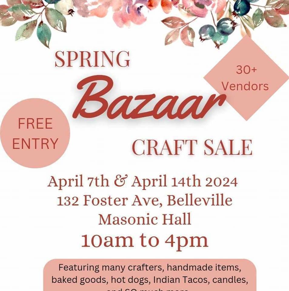 Poster titled "Spring Bazaar Craft Sale" with pink floral pattern.