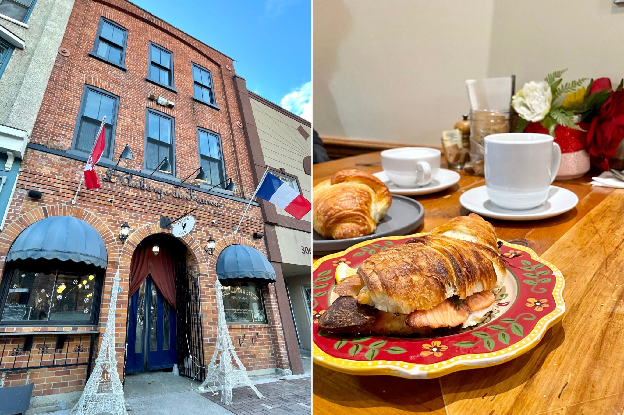 the exterior of a french bistro with blue awnings, the France flag and arched brickwork, next to a photo of a croissant sandwich