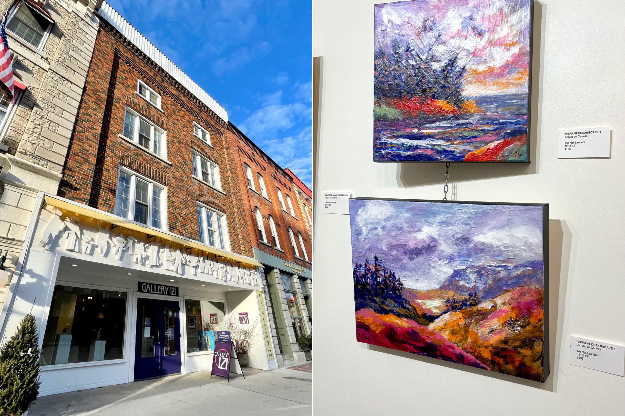 the exterior facade of an art gallery next to a photo of some paintings hanging on a wall