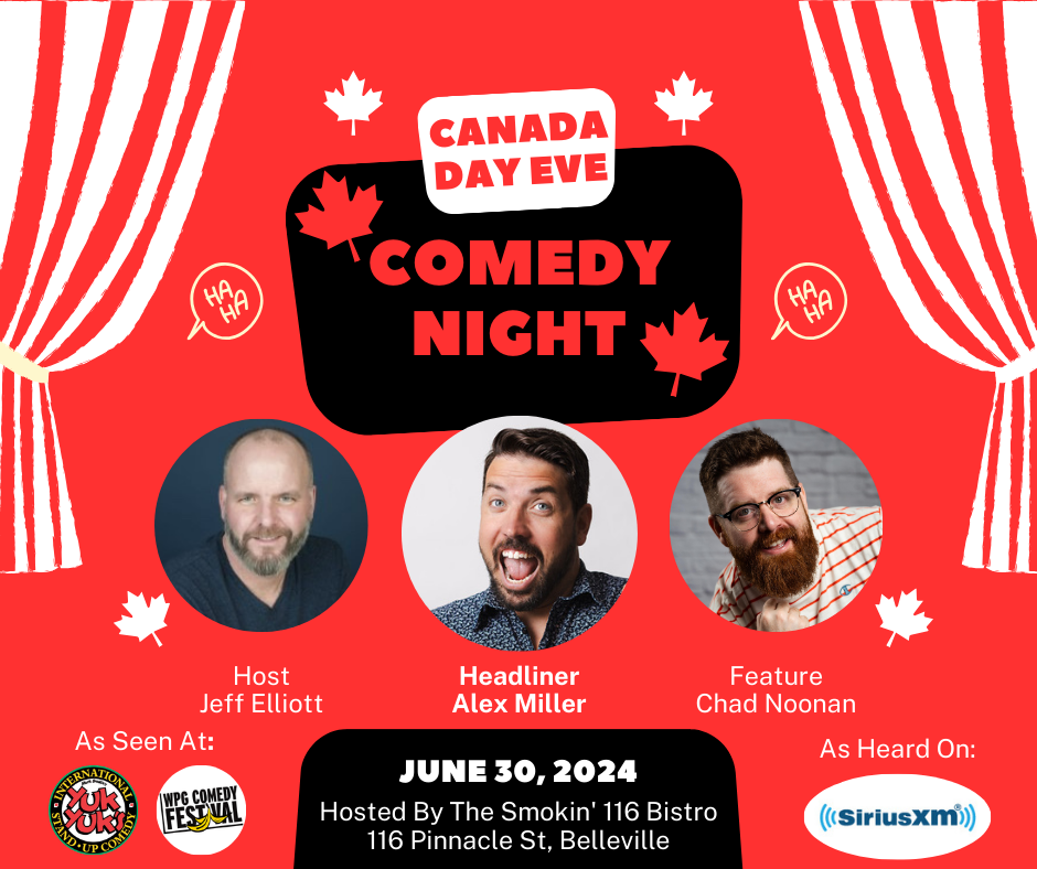 Event poster titled "Comedy Night" in red and white colouring with photos of the 3 performers.