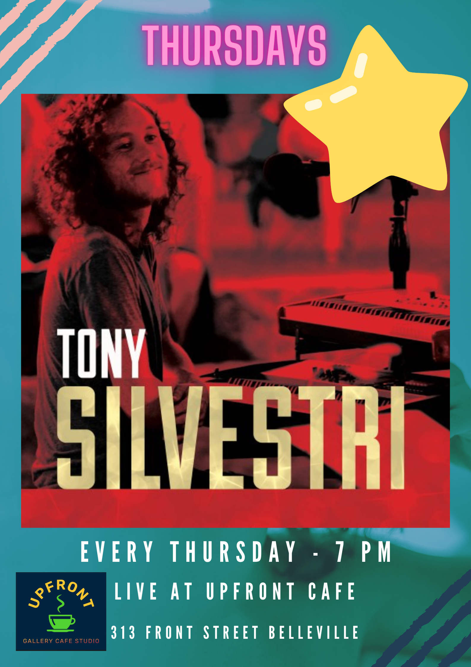Poster with edited photo of Tony Silvestri and has his name as a title.