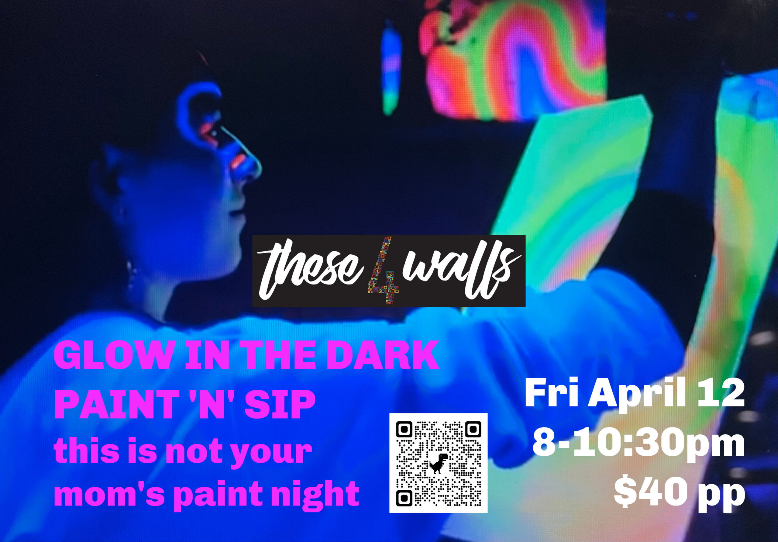 Event poster showing a person paint vibrant colours under black light.