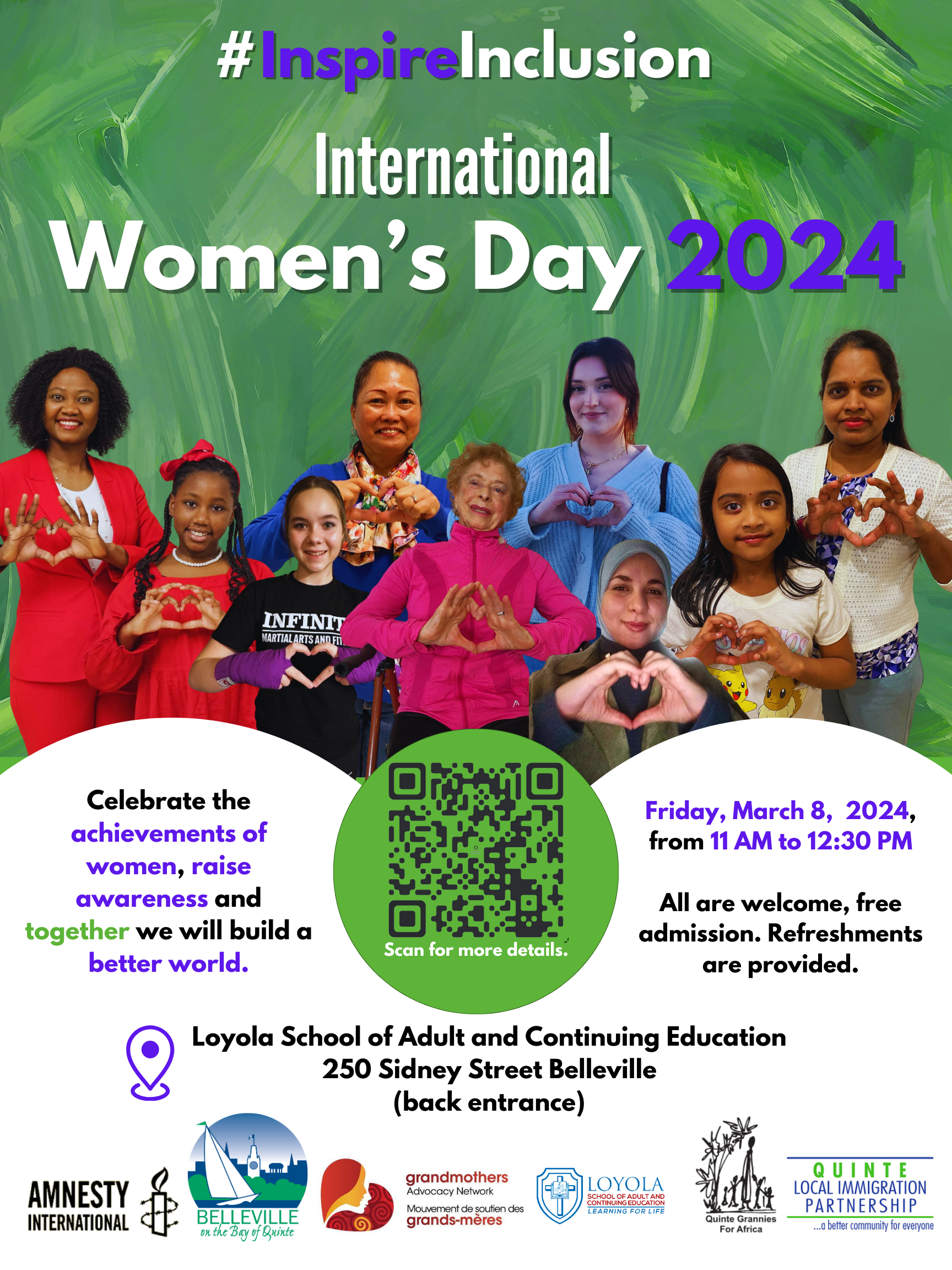 Poster showing a group of women with a wide range of ages and backgrounds. They are all making a heart shape with their hands. Poster is titled International Women's Day 2024