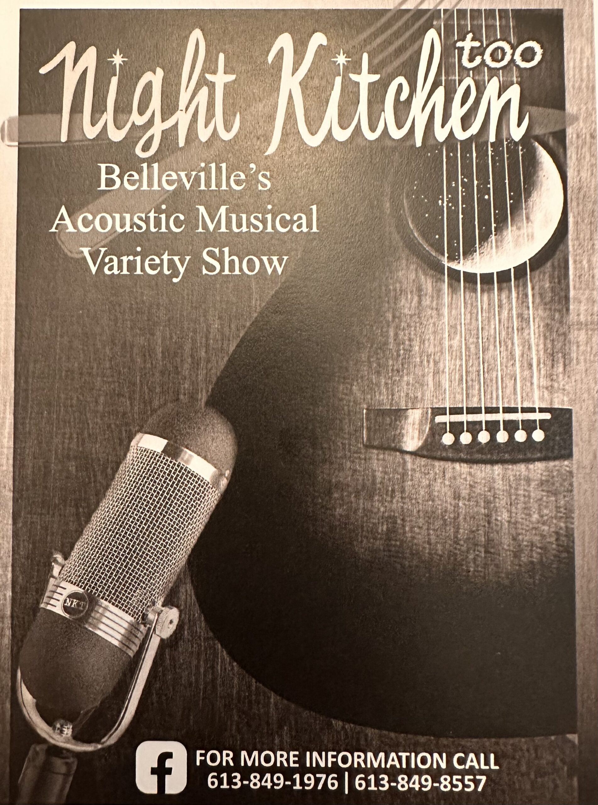 poster titled "night kitchen too" with photo of acoustic guitat