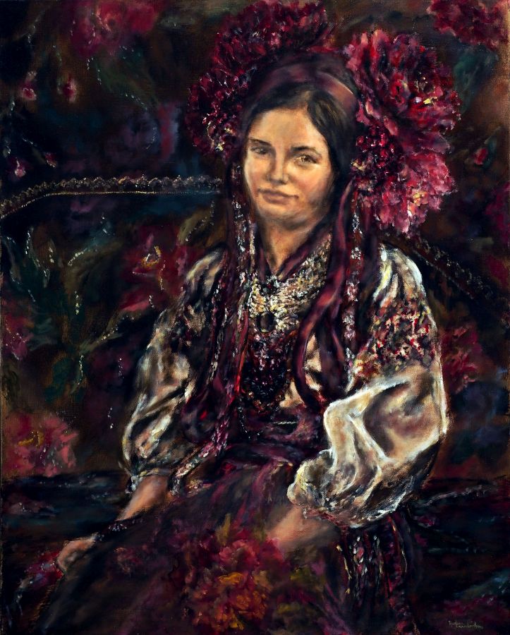 painting of female in a purple head dress
