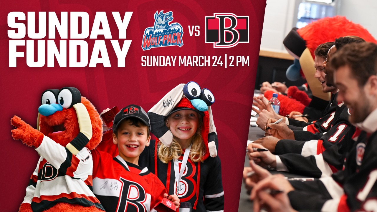 Photo of team mascot and child fans with Belleville Sens branding.