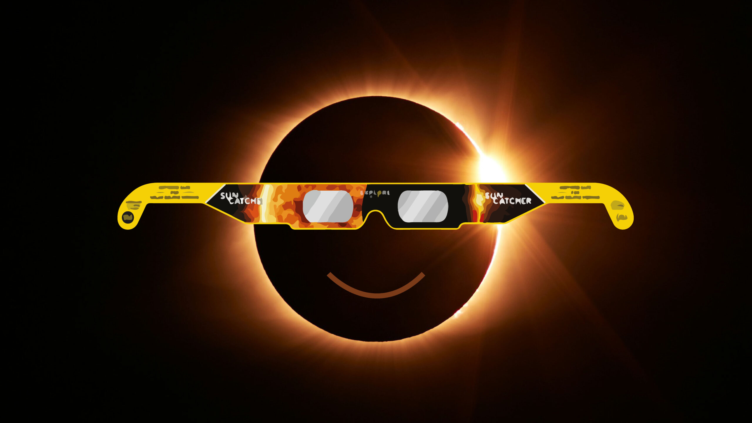 Photo of total solar eclipse with pair of eclipse glasses in front