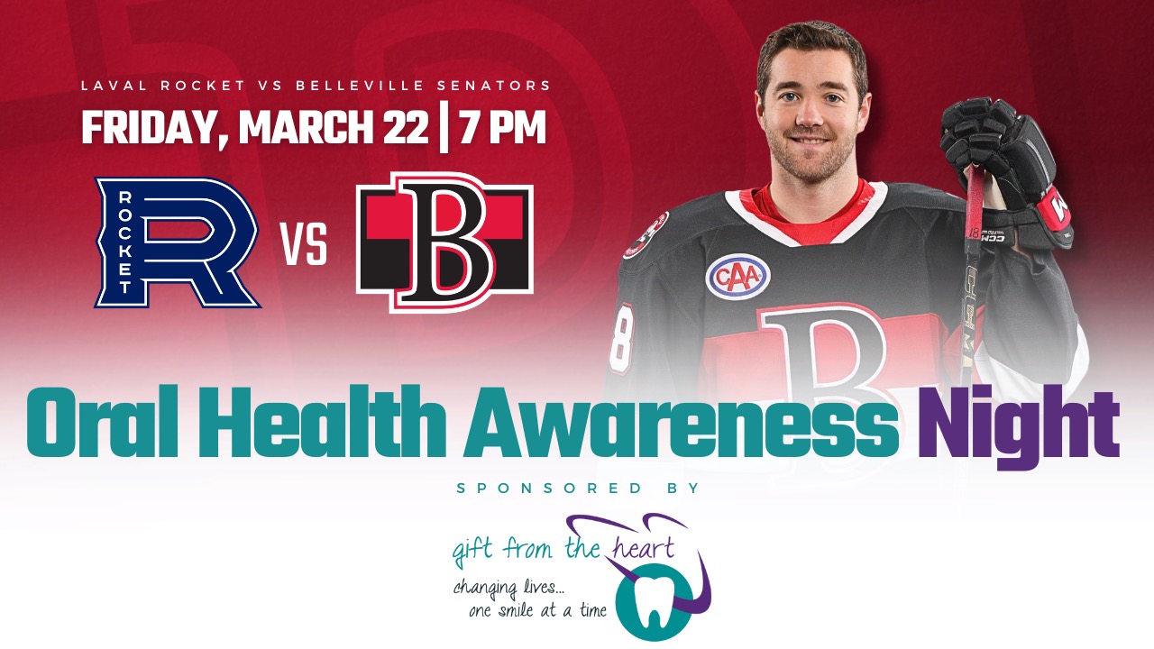 poster titled "Oral Health Awareness Night" with a photo of a smiling hokcey player.