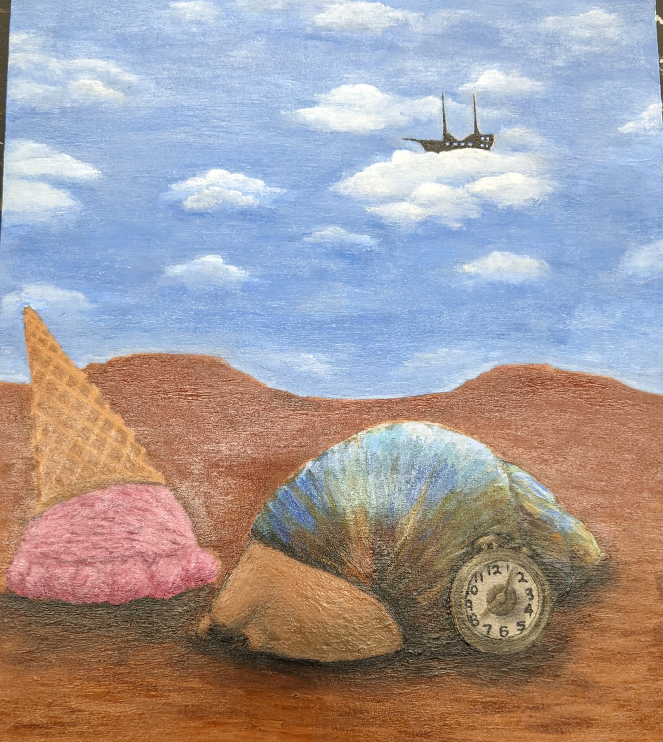 picture of landscape art work of a dessert with an ice cream cone melting.